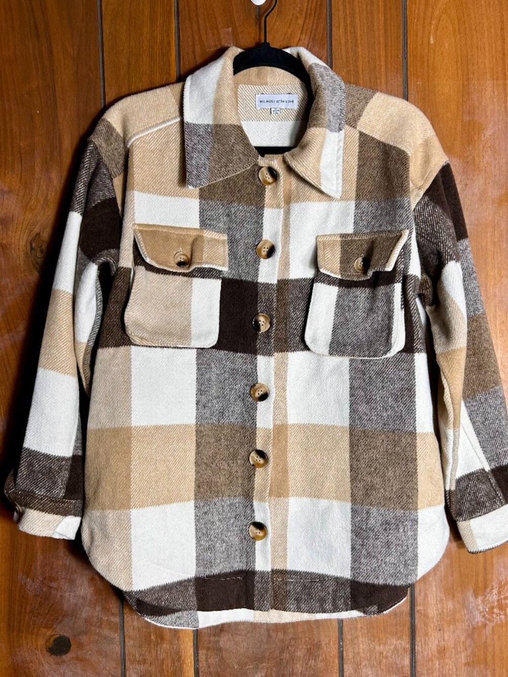 Melrose With Love Cream & Beige Plaid Shacket Jacket w/ Pockets Womens Sz Small